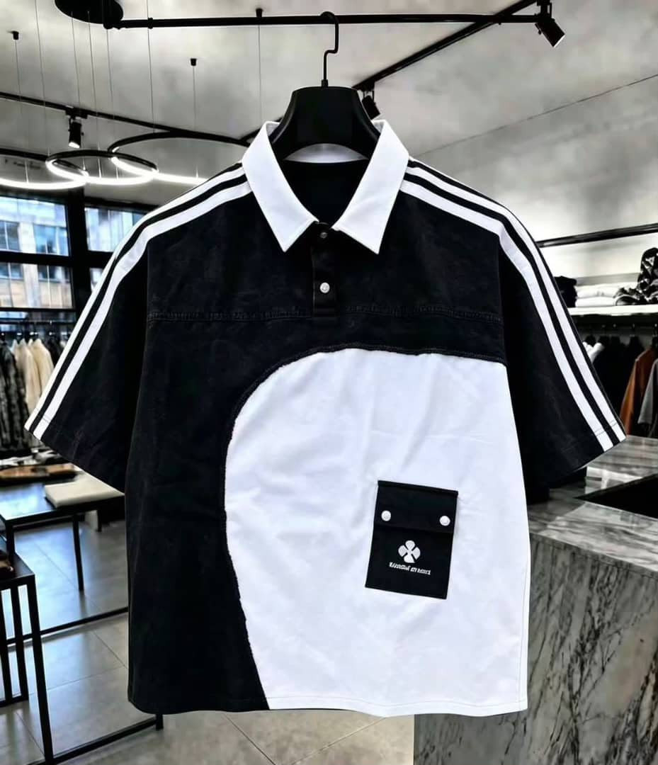 Men's Asymmetric  Colorblock Polo Shirt – Short Sleeve Casual Streetwear Shirt with Shoulder Stripe Details