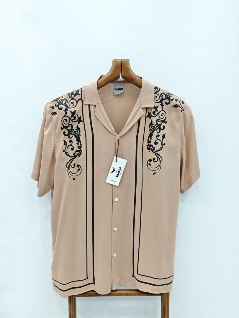 MAVERA Men’s Short Sleeve Casual Shirt – Beige with Black Ornamental Print