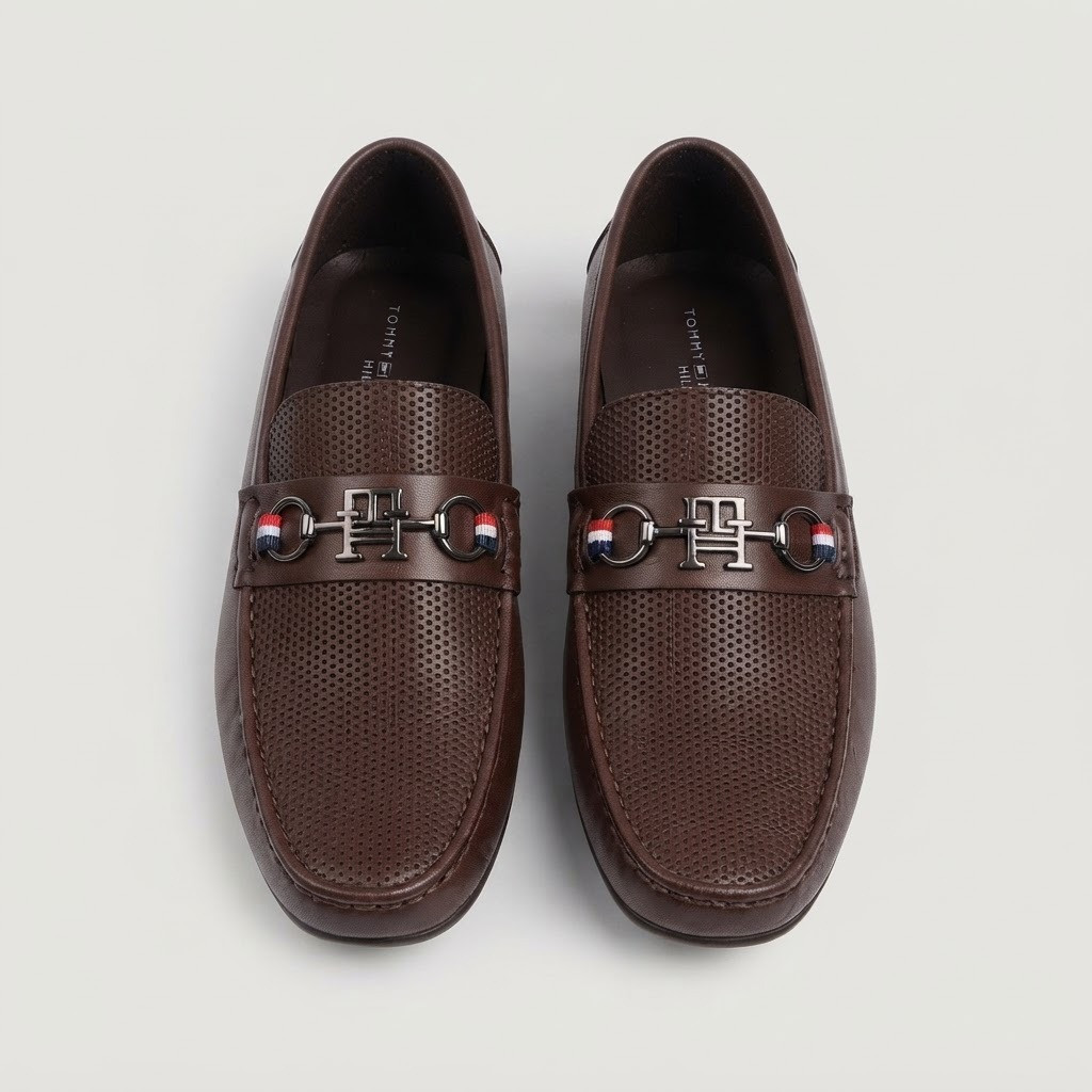 Tommy Hilfiger Men's Brown Textured Slip-On Loafers with TH Hardware