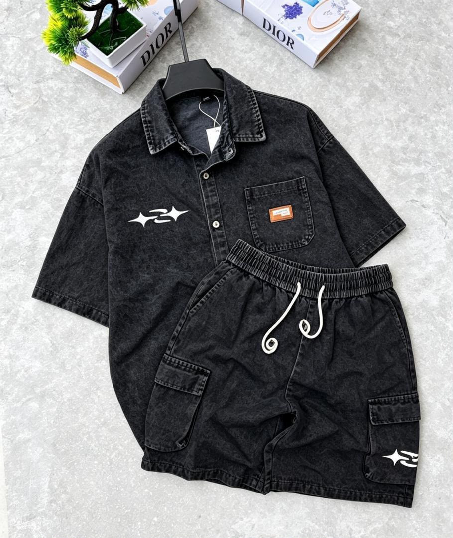 Premium Vintage Black Denim Co-Ord Set – Graphic Embroidered Shirt & Drawstring Cargo Shorts