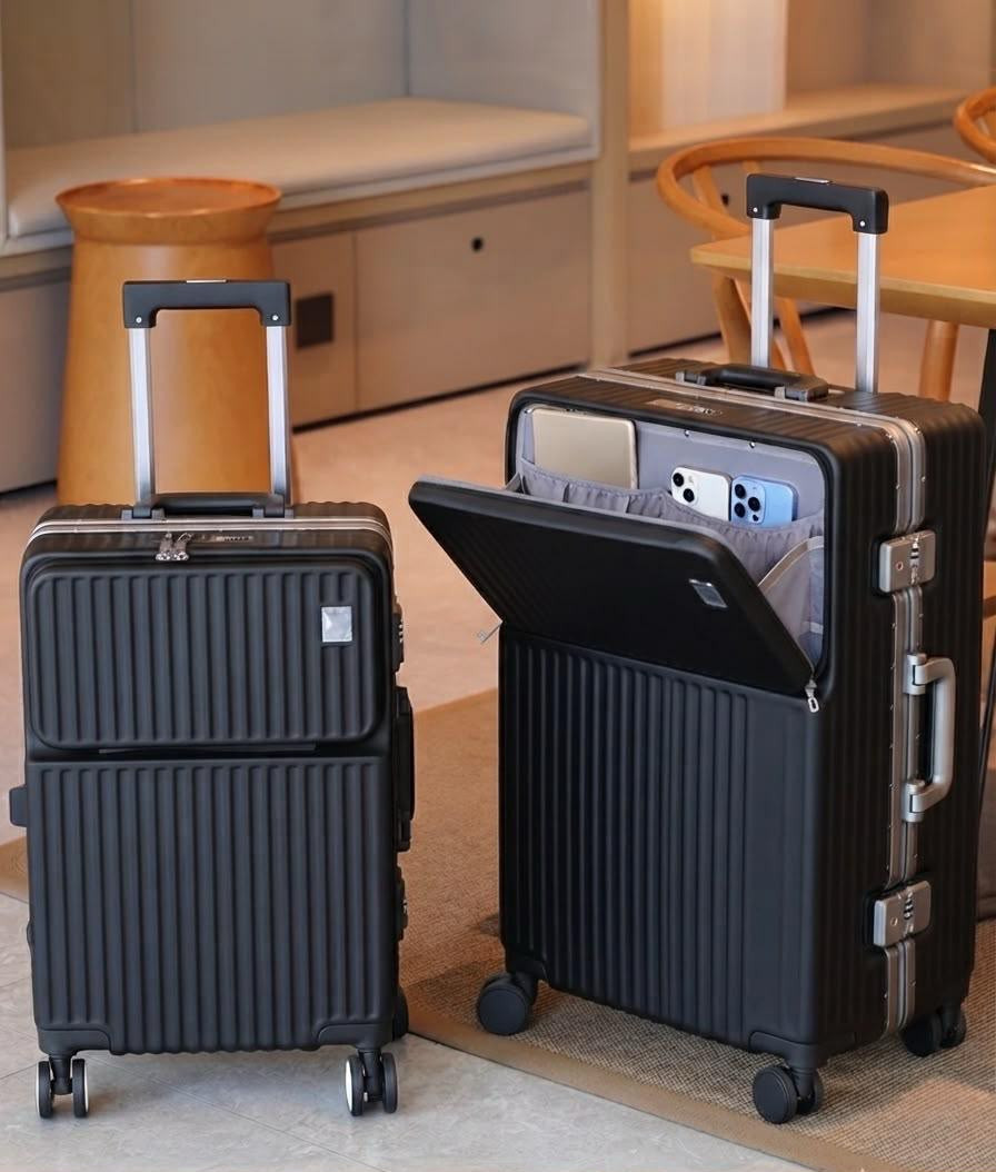 Modern Black Hard Shell Front-Access Business Luggage Set – 2-Piece Spinner Trolley Suitcases with Multi-Pocket Organizer