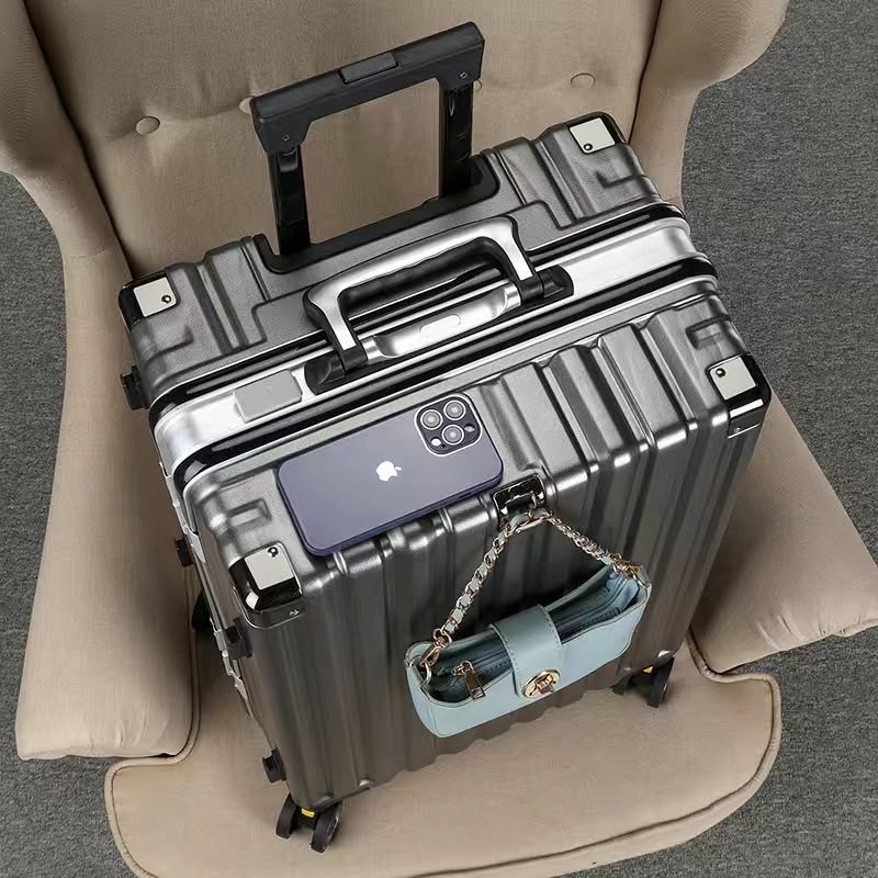 Modern Black Hard Shell Aluminum Frame Travel Trolley Suitcase – Zipperless Spinner Luggage with Built-In Bag Hook & Reinforced Metal Corners