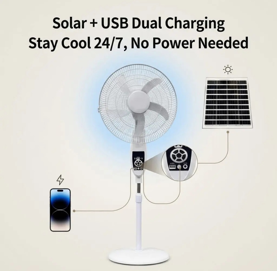 Rechargeable Solar Standing Pedestal Fan with External Solar Panel, USB Power Bank Output Port & Multi-Speed Control Panel