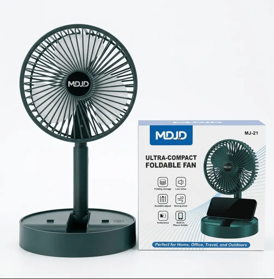 MDJD MJ-21 Portable Rechargeable Foldable Desk Fan – Telescopic Height Adjustment with Phone Holder Base & Quiet Motor