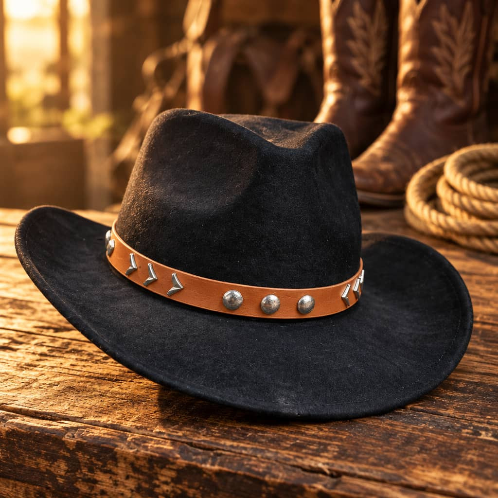 Classic Black Felt Cowboy Hat / Western Rancher Cap with Contrast Tan Leather-Look Studded Band