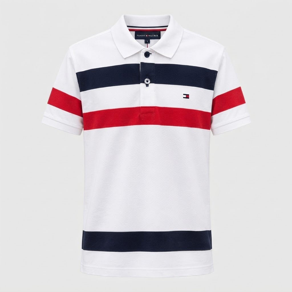 Men's White Color-Block Striped Polo Shirt