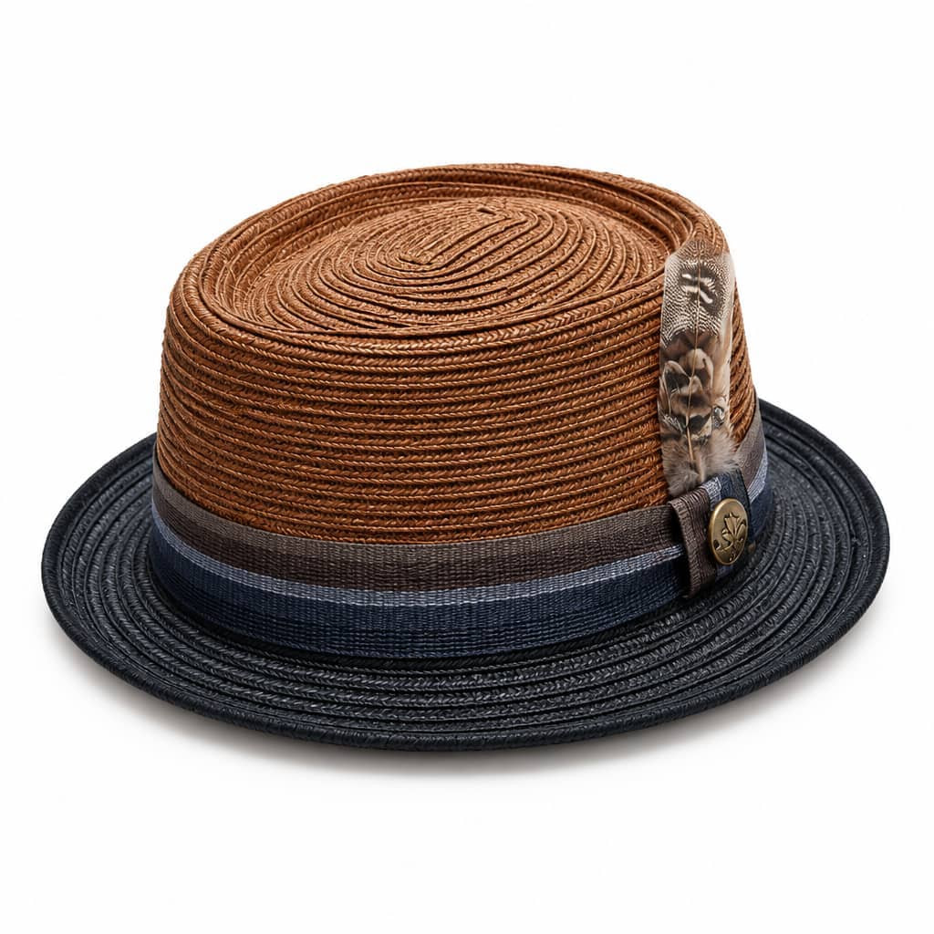 Vintage Two-Tone Woven Straw Pork Pie Sun Hat for Men – Cognac & Navy Summer Fedora with Striped Ribbon Band, Brass Medallion & Feather Accent