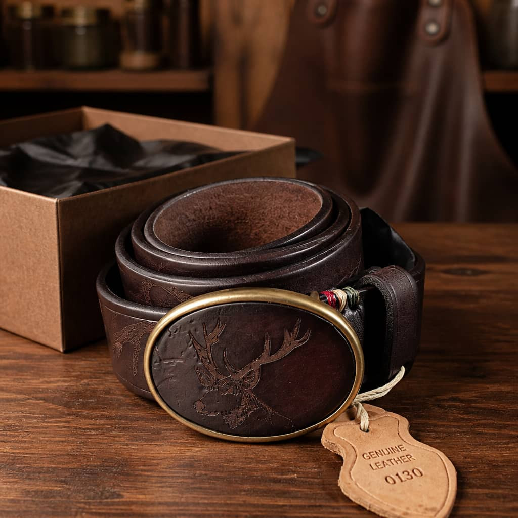 Men's Genuine Leather Vintage Belt with Antique Brass Oval Stag Deer Buckle