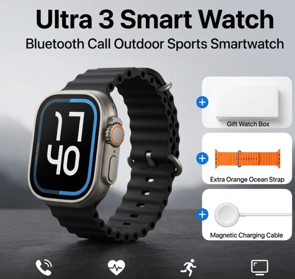 49mm Ultra Series Smartwatch – Titanium Alloy Casing with Black Ocean Strap, Heart Rate Monitor & Bluetooth Phone Calls